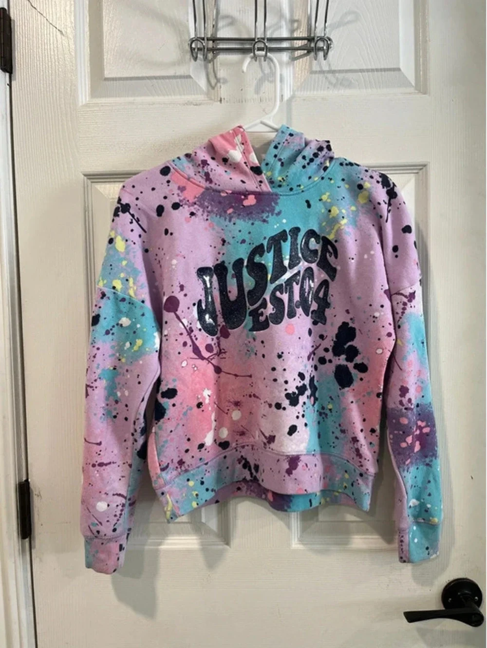 Girls size 12/14 purple blue hoodie sweater paint splashes